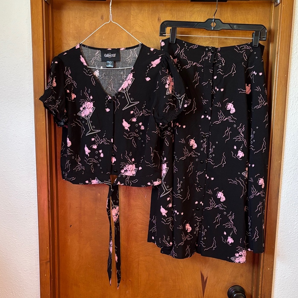 Collectif Black and Pink Cocktail Print Blouse and Skirt